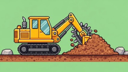 Pixelated yellow excavator working on a construction site, digital pixel art depicting heavy