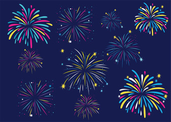 Naklejka premium Colorful Firework Burst Vector Set with Stars and Sparkles, Festive Celebration Graphic Elements for New Year and Party Design, Vibrant Fireworks Isolated on Dark Blue.