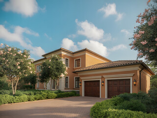 Luxurious modern house with a spacious driveway and beautifully landscaped garden under a clear blue sky showcasing architectural elegance and serene surroundings perfect for luxury living.