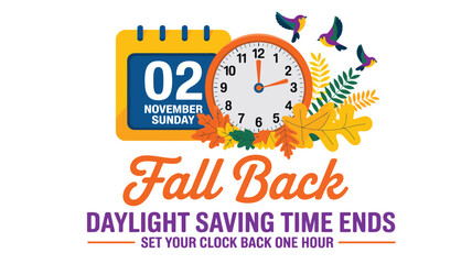 End of Daylight Saving Time reminder with calendar and autumn leaves.