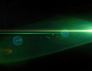 Bright green lens flare, streaking across a dark, grainy background