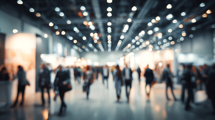 A bustling exhibition hall filled with blurred silhouettes of people exploring various displays under bright lights.
