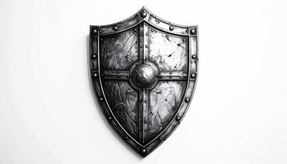 Metallic, weathered, medieval shield on a white backdrop