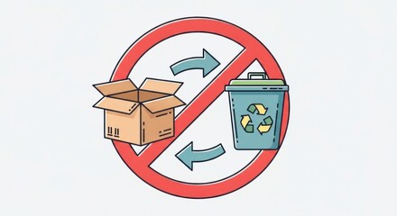 A red and white recycling bin with a cardboard box inside, placed on a white background with a red prohibition sign.
