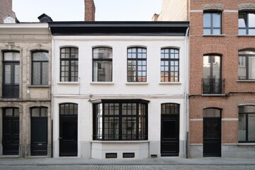 Obraz premium During daylight hours, the building facades along a bustling city street in Brussels showcase their stunning brickwork and crisp white walls