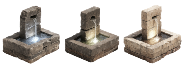 Three stone water fountains of varying repair, black background