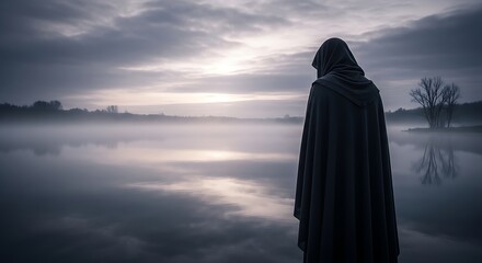 Mysterious figure contemplating misty lake at dusk environmental portrait