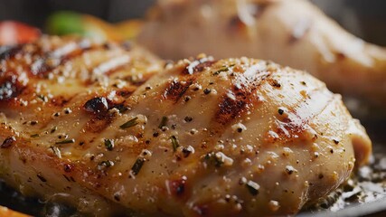 A delectable closeup shot of a perfectly seasoned and goldenbrown grilled chicken breast glistening with savory juices and aromatic spices ready to be served as a healthy and delicious meal.