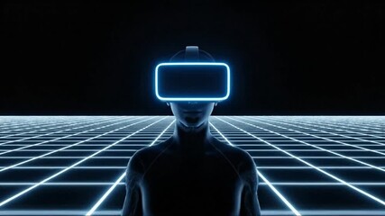 Futuristic Man in VR headset on glowing grid, entering virtual reality cyberspace - Powered by Adobe