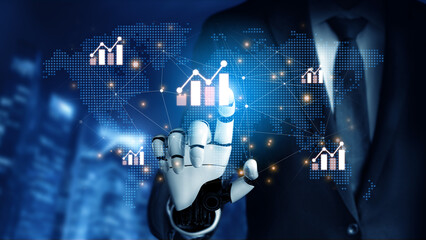 AI assistant analyzing global economic data and stock market trends. Generative technology creates financial chart visualizations for international business strategy and investment. Fermion
