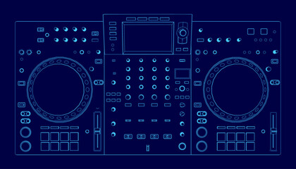 A detailed blueprint of a DJ controller console, highlighting its electronic components and contour lines on a solid blue technical background. © German Ovchinnikov