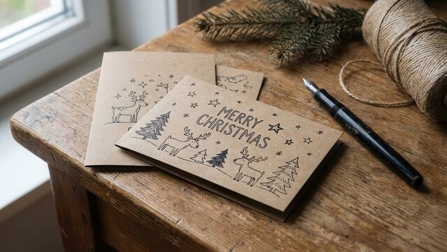 Handmade Kraft Paper Christmas Cards with Reindeer and Tree Illustrations on Rustic Wooden Table