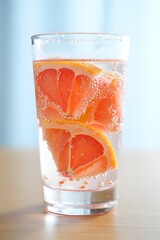 Fresh grapefruit slices in sparkling water glass