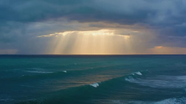 Sun Rays Breaking Through Storm Clouds Over Ocean Horizon