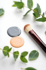 Makeup brush with foundation samples and green leaves