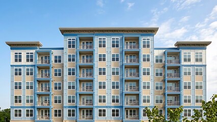 Modern multi story apartment building exterior featuring blue and beige siding with stacked private balconies under a bright blue sky
