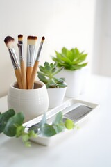 Makeup brushes in a white ceramic holder on a tray