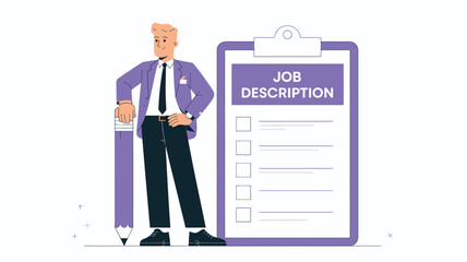 Businessman standing next to a large clipboard with job description checklist.