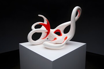 Modern abstract sculpture with red accents on display