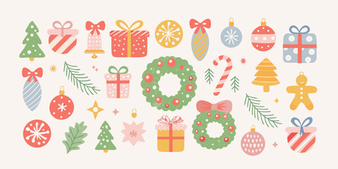 Festive holiday assortment of christmas decorations and gifts in pastel shades