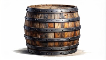Wooden barrel with dark metal bands, isolated on white