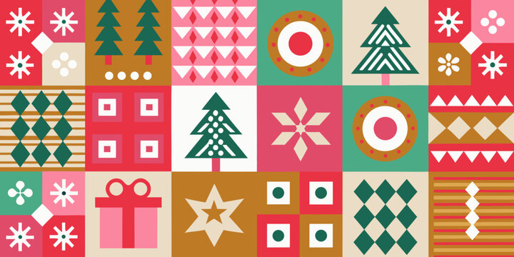 Colorful geometric pattern featuring christmas trees gifts and snowflake motifs