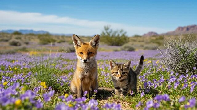 Adorable Fox Cub and Kitten Sit Together in a Field of Purple Wildflowers