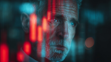 A focused businessman contemplating market trends with financial graphs reflecting on his face.