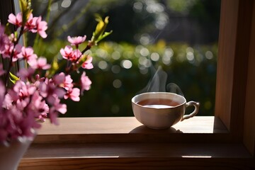 Steaming cup of tea on a sunny windowsill with flowers