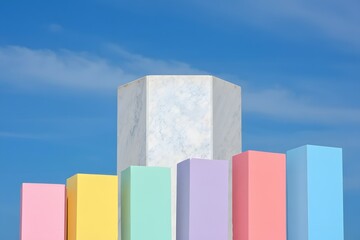 Vibrant colorful blocks rising against blue sky background