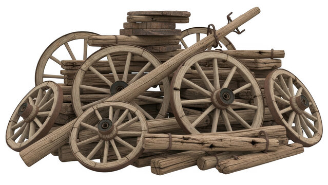 Wooden cart wheels pile isolated on transparent background