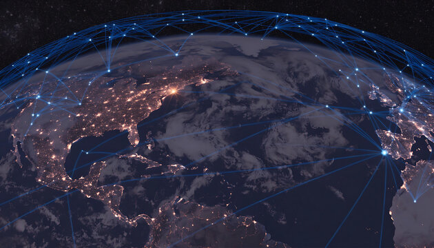Global interconnectedness visualized: Earth at night with a luminous digital network overlaying continents and oceans.