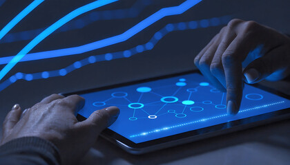 Close-up overhead shot of hands interacting with a futuristic digital tablet displaying data graphs and network diagrams, conveying technology.