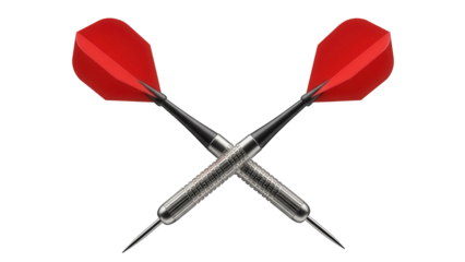 Two darts crossed isolated PNG, red flight and silver barrel for game of skill and precision target practice on transparent background