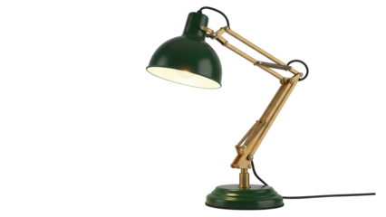 Green and gold desk lamp PNG isolated on transparent background, adjustable task light for office or home decor