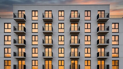 Repetitive pattern of modern apartment building facade with illuminated windows and dark balconies against a dramatic twilight sky