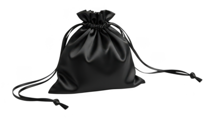 Black satin drawstring bag isolated on transparent background