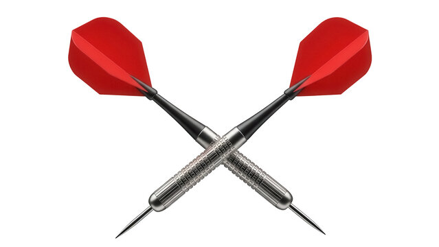 Two darts crossed isolated PNG, red flight and silver barrel for game of skill and precision target practice on transparent background