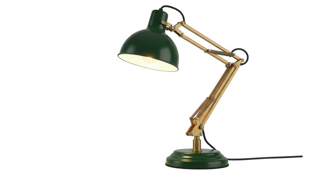 Green and gold desk lamp PNG isolated on transparent background, adjustable task light for office or home decor