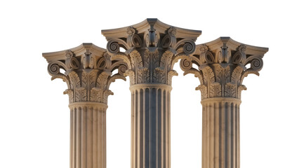 Three ornate Corinthian columns isolated PNG, architectural element on transparent background, classical design for building and decoration