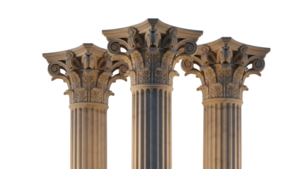 Three ornate Corinthian columns isolated PNG, architectural element on transparent background, classical design for building and decoration