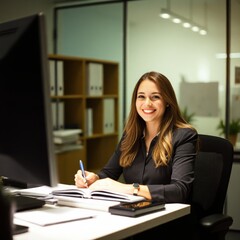 A cheerful businesswoman works late at her office desk, smiling at the camera while writing notes in a planner under soft internal lighting