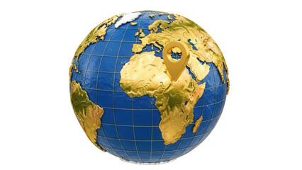 Globe with golden continents and blue oceans isolated PNG, world map with location pin on transparent background for travel and geography concepts © Miguel