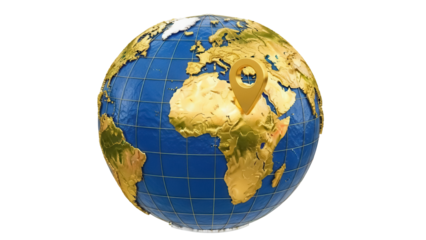 Globe with golden continents and blue oceans isolated PNG, world map with location pin on transparent background for travel and geography concepts