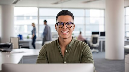 Confident smiling professional in modern office workspace, representing diversity, productivity, success and positive corporate culture
