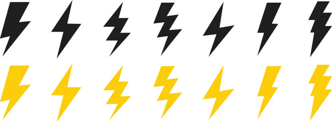 Flash lighting bolt energy icon set. Collection of power and electricity symbols isolated on transparent background. Electric power or charging sign button