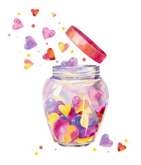 Beautiful glass watercolor jar with hearts isolated on white background. Hand drawn watercolor illustration. Valentine's day card