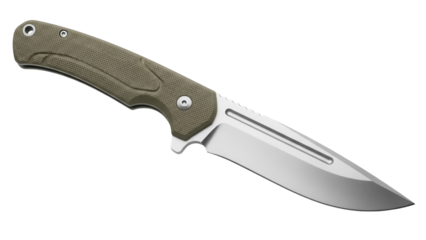 Folding knife with olive green handle isolated PNG, tactical EDC knife for camping, survival, and outdoor activities on transparent background