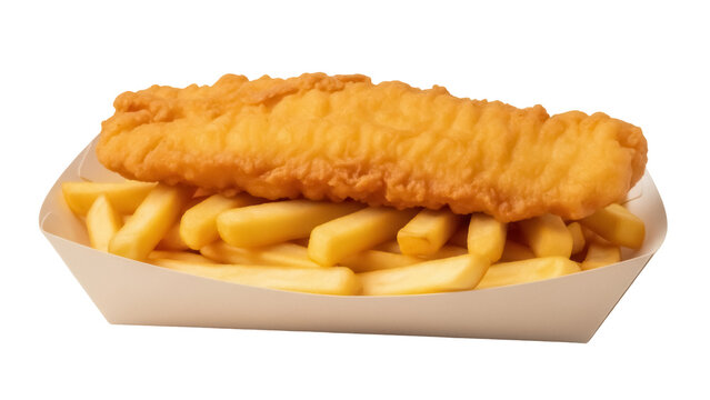 Golden fried fish and chips isolated PNG, classic British takeaway meal on transparent background, crispy battered cod with french fries
