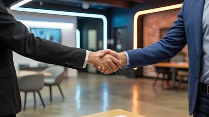 Professional handshake symbolizing partnership and trust in modern corporate workspace